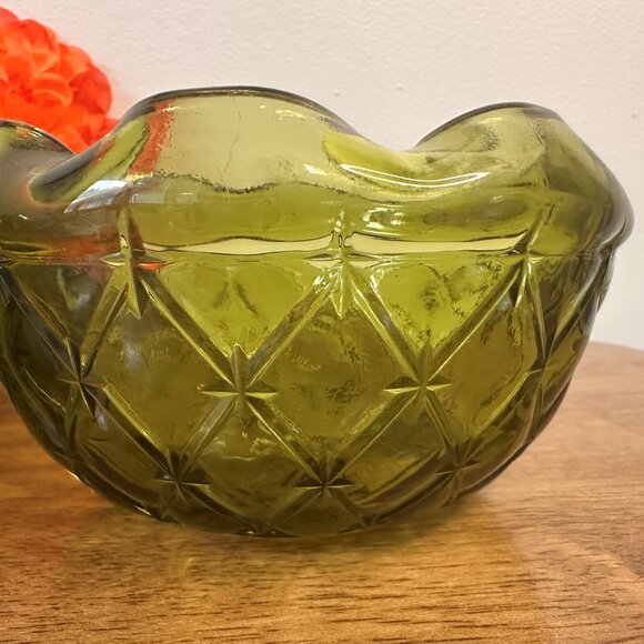 Indiana Glass Avocado Green Quilted Bowls Vintage Textured Diamond Star Pattern - Picture 5 of 7